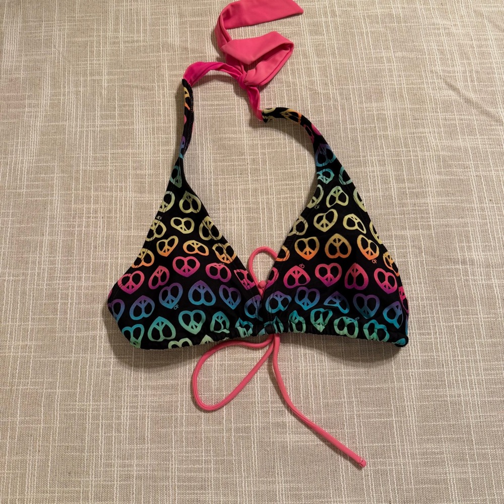 OP Ocean Pacific Rainbow Peace Heart Triangle Bikini Top Black Neon Large 11-13